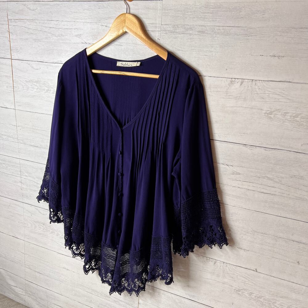 Solitaire Blouse Womens Size 2X Navy Blue Pintuck Button Down Embroidery Boho - Picture 5 of 15